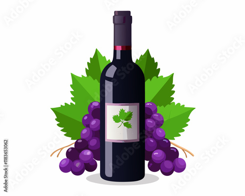 The image depicts a bottle of red wine placed in front of a cluster of purple grapes and green grapevine leaves. The label on the wine bottle features a simple design with grapevine imagery