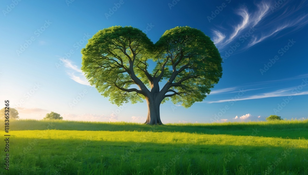 Fototapeta premium A stunning heart-shaped tree in a serene grassy field, symbolizing nature, love, and sustainability, under a vibrant blue sky on a sunny day.