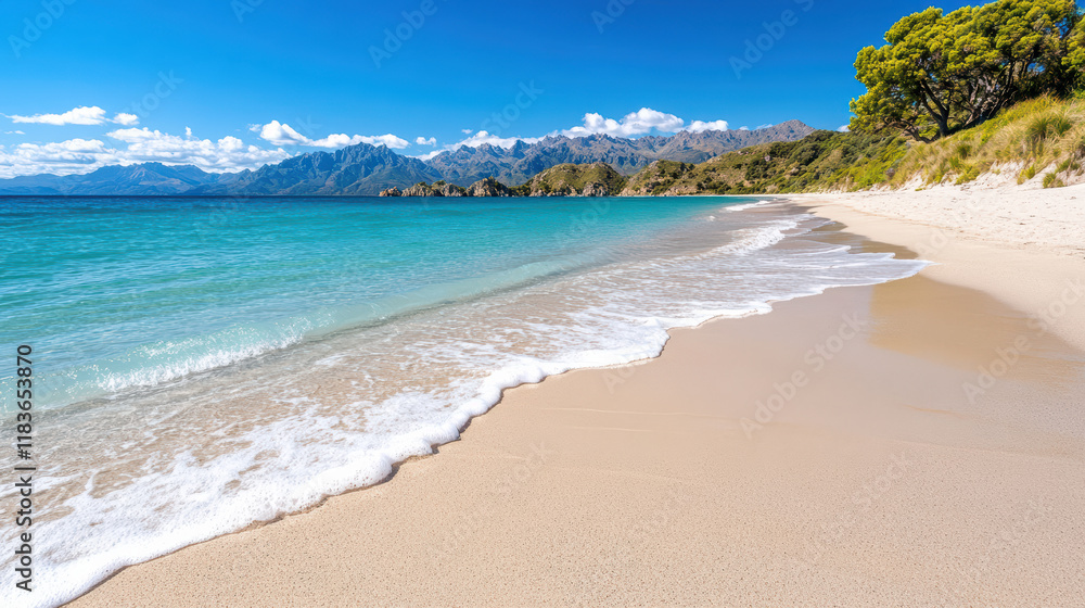 serene beach with golden sand, clear turquoise water, and mountains