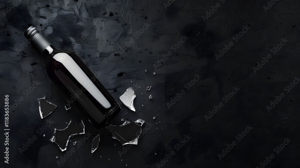 Close-up of a shattered glass bottle with spilled liquid, symbolizing the dangers of alcohol, on a dark background with copy space. Alcohol abuse, addiction, and health risks concept. Close-up of a shattered glass bottle with spilled liquid, symbolizing the dangers of alcohol, on a dark background with copy space. Alcohol abuse, addiction, and health risks concept.