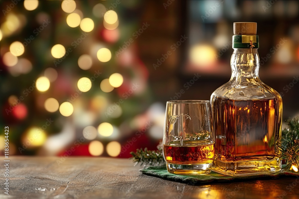 Warm ambiance with whiskey bottle and glass, festive Christmas l