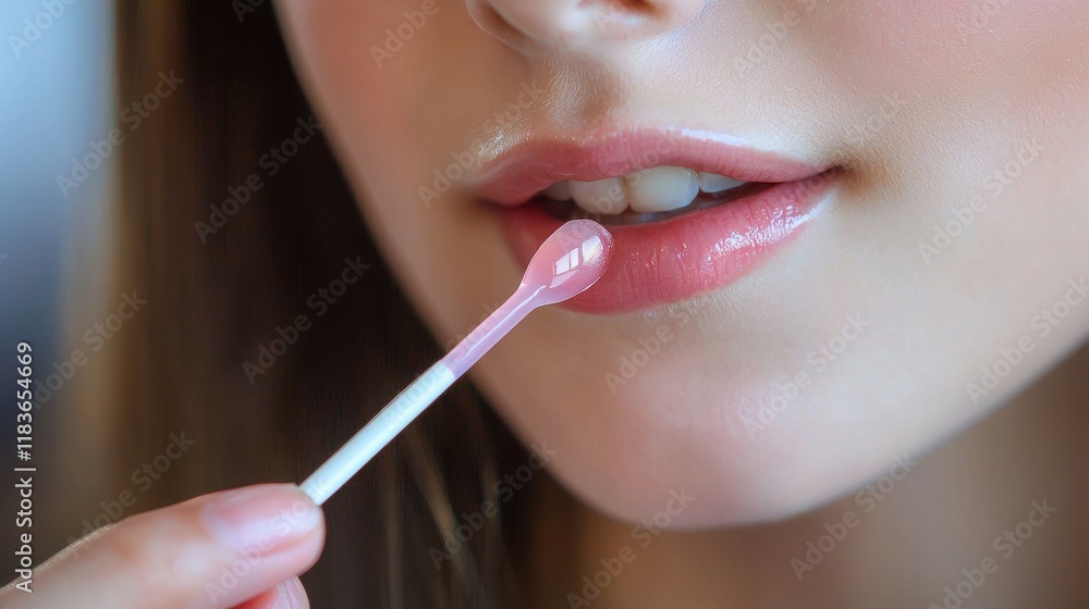 Naklejka premium Teen girl applying a hydrating lip mask. 