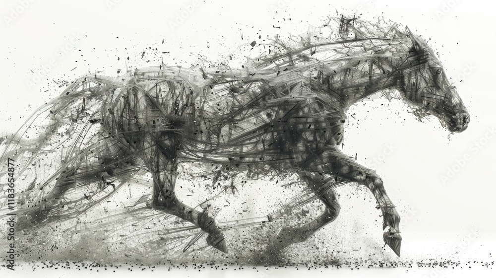 Fototapeta premium A dynamic, abstract representation of a galloping horse, showcasing movement and energy through splashes and lines.
