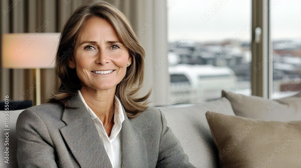 Confident Businesswoman in Professional Attire Sitting on Sofa in Modern Office Space with Soft Natural Light and Urban View Confident Businesswoman in Professional Attire Sitting on Sofa in Modern Office Space with Soft Natural Light and Urban View