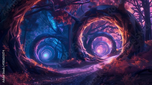 A magical forest with glowing portals, vibrant colors, and enchanting pathways inviting exploration and adventure. photo