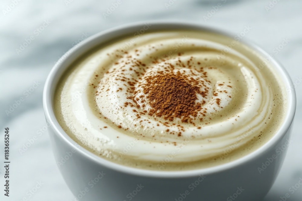 Creamy coffee topped with sprinkle of spice creates cozy atmosph Creamy coffee topped with sprinkle of spice creates cozy atmosph