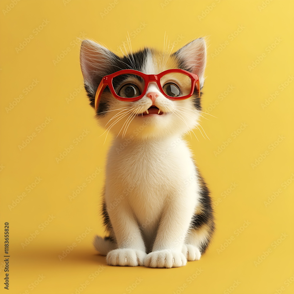 3D render of a cute happy kitten wearing red glasses 3D render of a cute happy kitten wearing red glasses