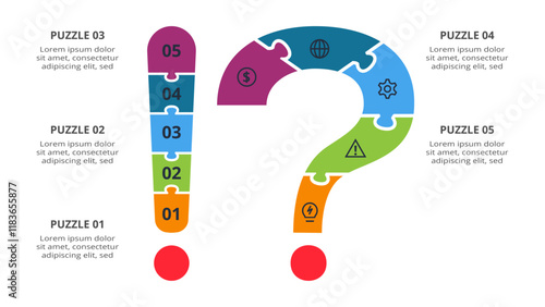 Puzzle infographic with 5 elements, presentations, vector illustration. Template for web