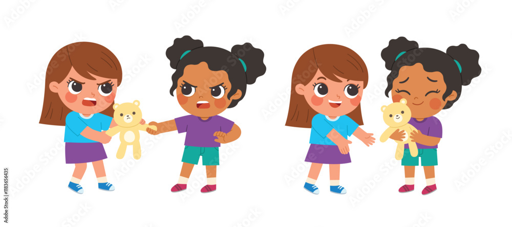 Two scenes of children with a teddy bear: one showing conflict as they fight over it, and the other showing harmony as they share it, reflecting both sides of childhood interactions. Two scenes of children with a teddy bear: one showing conflict as they fight over it, and the other showing harmony as they share it, reflecting both sides of childhood interactions.