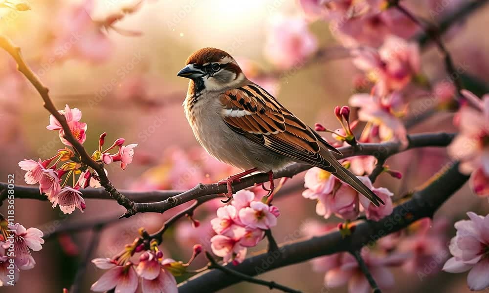Sparrow perched on cherry blossom branch in soft sunlight. Sparrow perched on cherry blossom branch in soft sunlight.