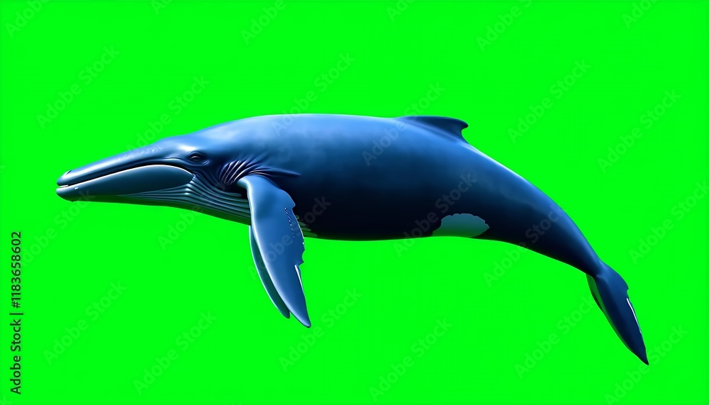 A large blue whale gracefully swimming in a clear ocean setting, isolated against a vibrant green screen background. This high-quality, digitally rendered image showcases intricate details of the wha A large blue whale gracefully swimming in a clear ocean setting, isolated against a vibrant green screen background. This high-quality, digitally rendered image showcases intricate details of the wha