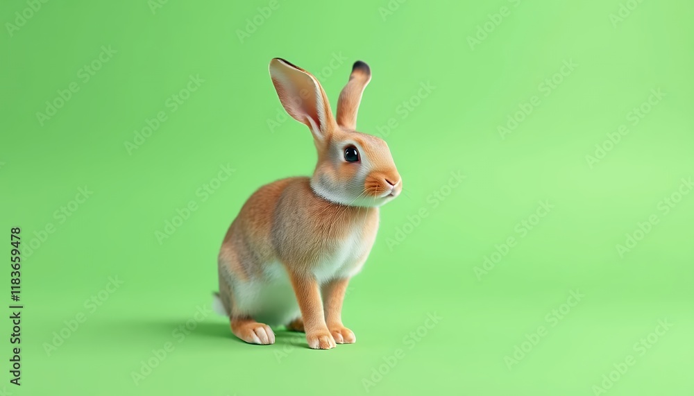 Fototapeta premium Adorable Orange and White Rabbit Sitting on Green Background
