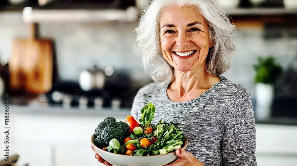 Smiling woman holding a bowl of fresh vegetables in a modern kitchen with natural lighting and a cozy atmosphere promoting healthy living and nutrition