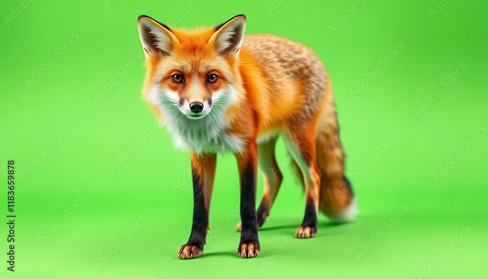 Fototapeta premium Alert Red Fox on Green Background Studio Portrait