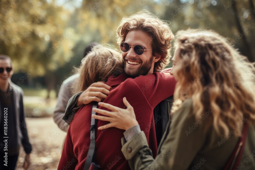 Group of friends hugging in a park, enjoying a cheerful moment of togetherness and camaraderie Group of friends hugging in a park, enjoying a cheerful moment of togetherness and camaraderie