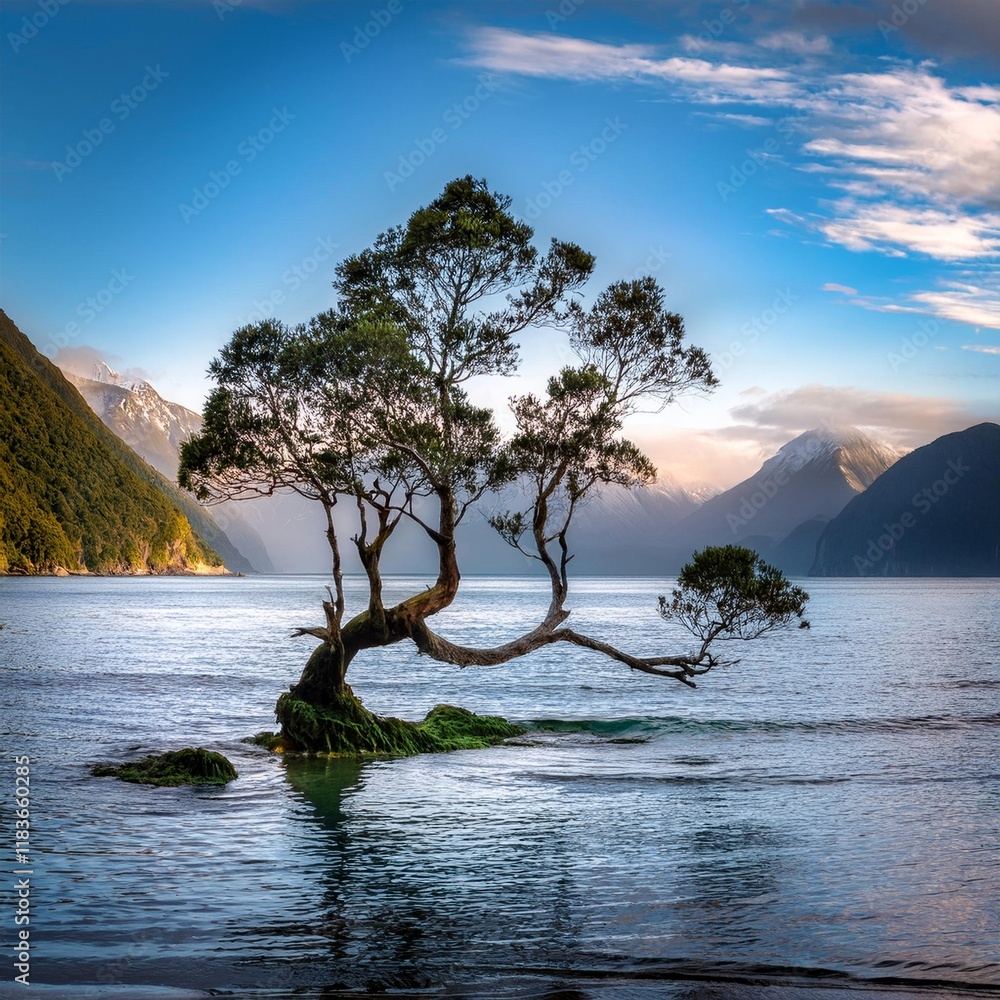 Arbre sur un lac : ambiance du Japon entre Eau et Montagnes Arbre sur un lac : ambiance du Japon entre Eau et Montagnes