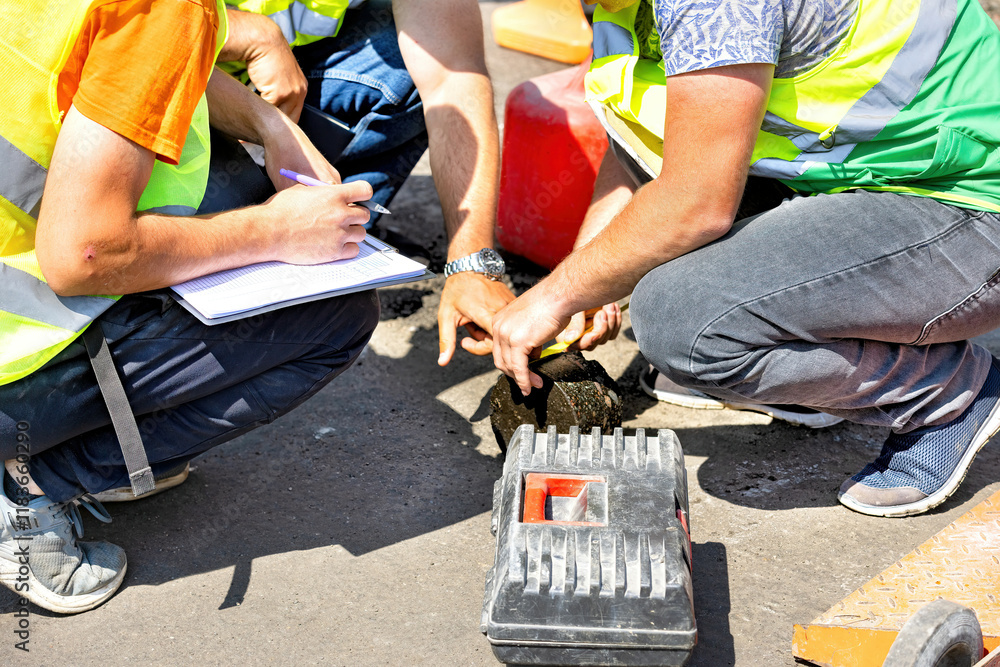 Construction crew conducts material testing during road repair in bright sunlight