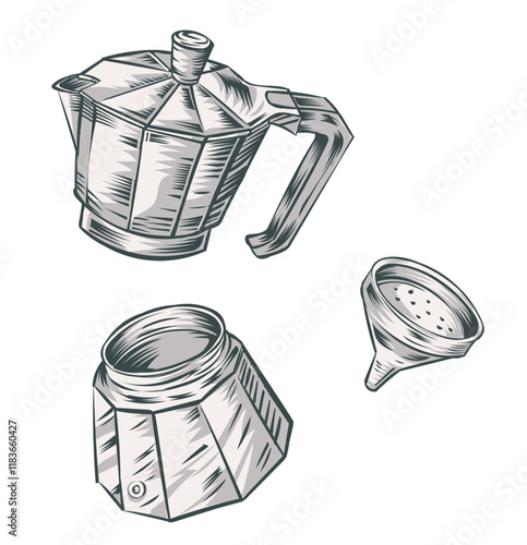  Italian moka cartoon disassembled into elements, traditional espresso hand drawn. Vector illustration