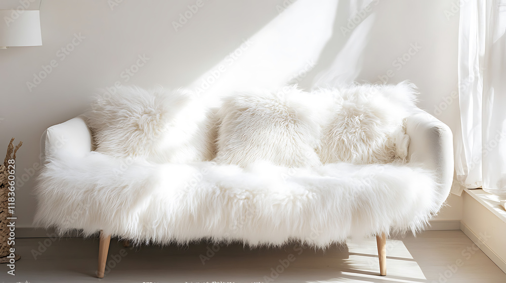 Cozy cute sofa with white furry sheepskin fluffy throw and pillows against wall with copy space, hygge, scandinavian home interior design of modern living room Cozy cute sofa with white furry sheepskin fluffy throw and pillows against wall with copy space, hygge, scandinavian home interior design of modern living room