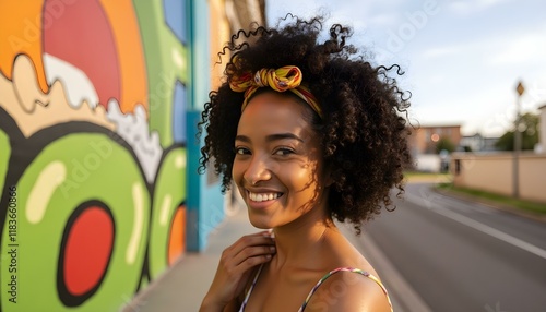 portrait of an African woman with curly black hair, wearing a traditional colorful headwrap, against a vibrant urban mural during midday, bright colors reflecting her culture create with ai