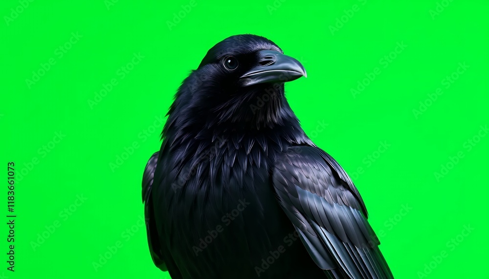 Fototapeta premium Close-up portrait of a black crow isolated on a green screen background