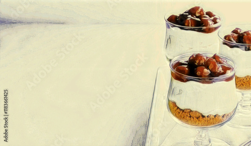 A colored pencil illustration featuring delicious mousse  desserts with cherries in glass cup.