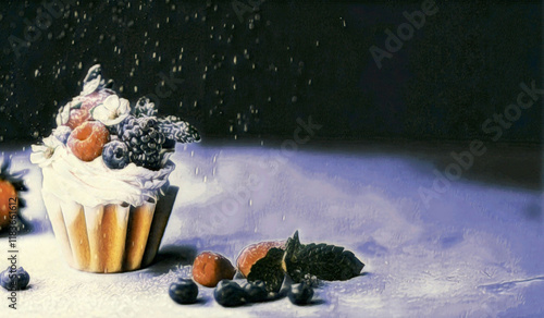 A colored pencil illustration featuring a delicious cup cake.