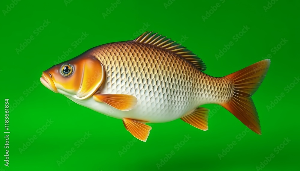 Close-up view of a single carp fish isolated against a green background, showcasing its detailed scales and coloration Close-up view of a single carp fish isolated against a green background, showcasing its detailed scales and coloration