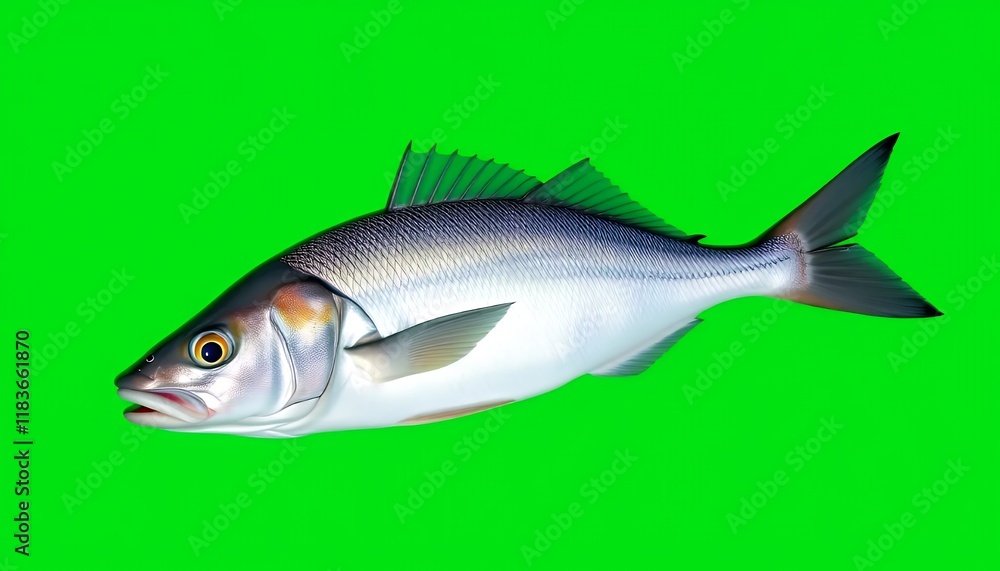 Obraz premium Close-up view of a single fish isolated against a green screen background. The fish has detailed scales and fins, appearing realistic and lifelike. This high-resolution image is suitable for various u