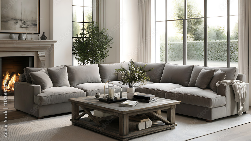 Fototapeta premium Grey cozy corner sofa and rustic coffee table in room with fireplace, french country, farmhouse home interior design of modern living room