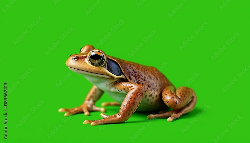 Closeup of a Small Brown Frog on a Green Background