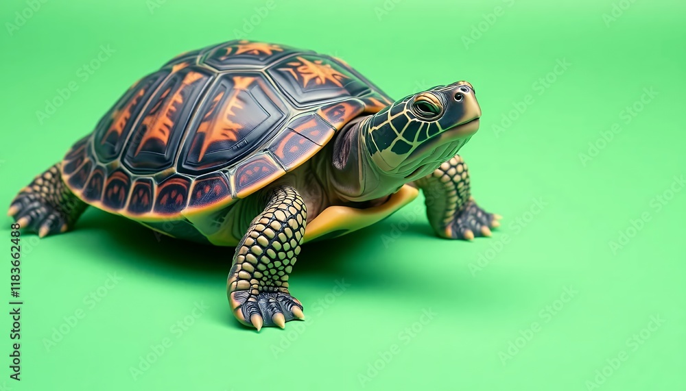 Fototapeta premium Closeup of a Turtle on Green Background