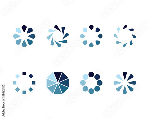 Collection of eight stylish, abstract loading icons in cool blue tones.  Perfect for websites, apps, and presentations needing a modern, clean loading animation graphic.