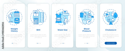 Obesity symptoms blue onboarding mobile app screen. Walkthrough 5 steps editable graphic instructions with linear concepts. UI, UX, GUI template. Montserrat SemiBold, Regular fonts used