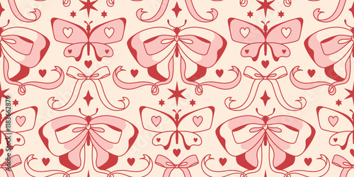 Charming coquettish seamless background. Bohemian pink butterflies, moths, adorable bows, and decorative ribbons. Romantic wonderland. Vintage spring aesthetic. Feminine vibe
