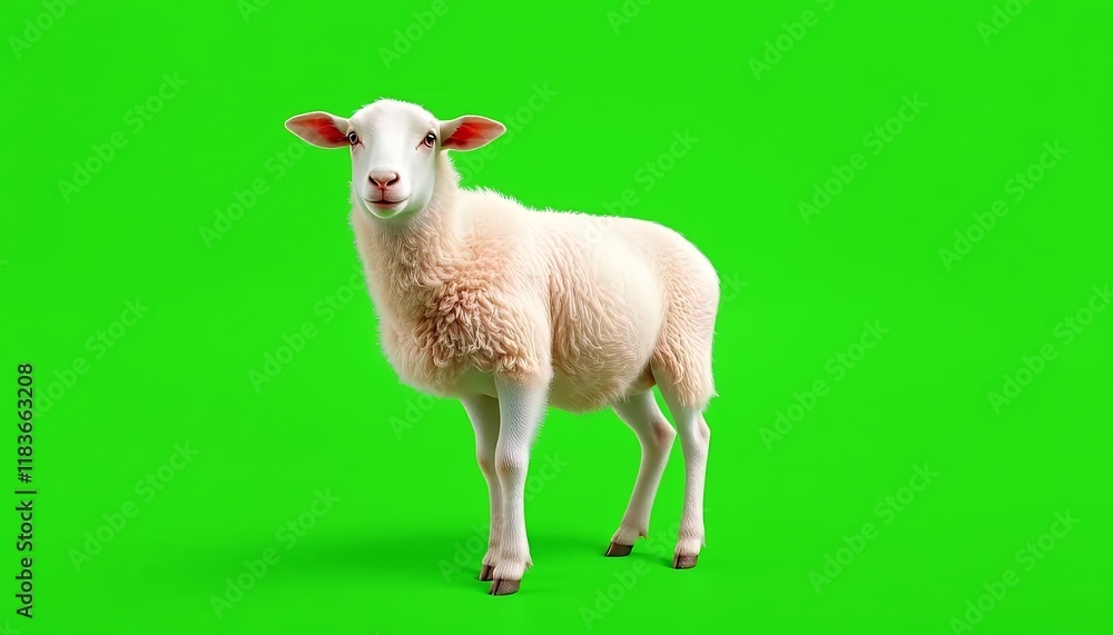 Fototapeta premium Fluffy White Sheep on Green Screen Background, Studio Shot