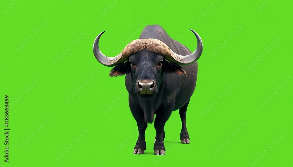 Naklejka premium Imposing Cape Buffalo on Green Screen: A Powerful and Majestic Wildlife Portrait