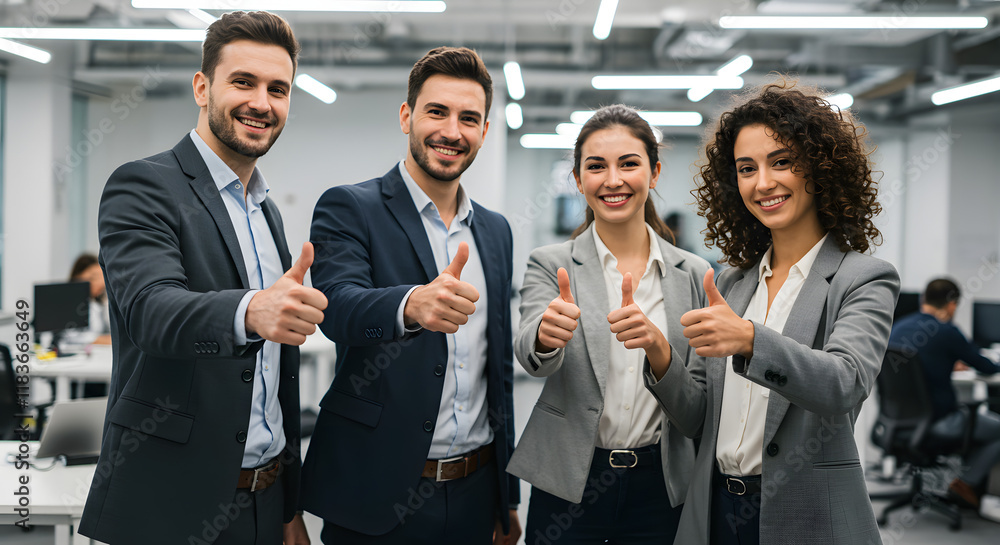 Successful business team giving thumbs up Successful business team giving thumbs up