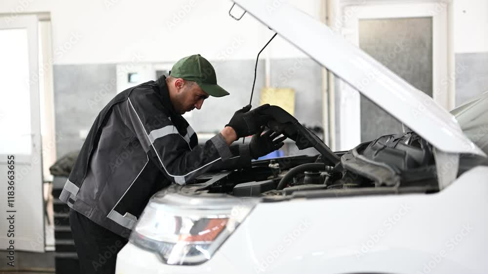 A mechanic in a uniform is working under the hood of a car in a garage. He is wearing gloves and is concentrating on his work. The car is a white SUV. A mechanic in a uniform is working under the hood of a car in a garage. He is wearing gloves and is concentrating on his work. The car is a white SUV.