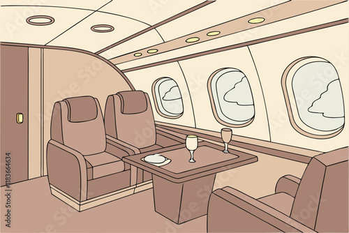 A luxury private jet interior, showcasing a lavish seating area with plush leather chairs, a polished wooden table vector illustraion