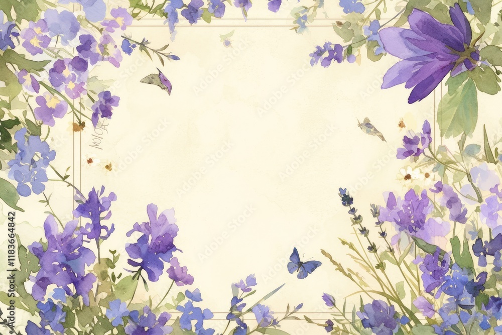 Square frame with creamy white backdrop surrounded by purple flowers and green leaves, featuring old-fashioned writing, blue accents and a delicate bird, soft watercolor style.