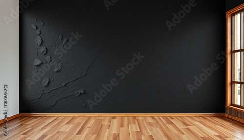 minimalistic empty room with dark walls and polished wooden floors in modern design