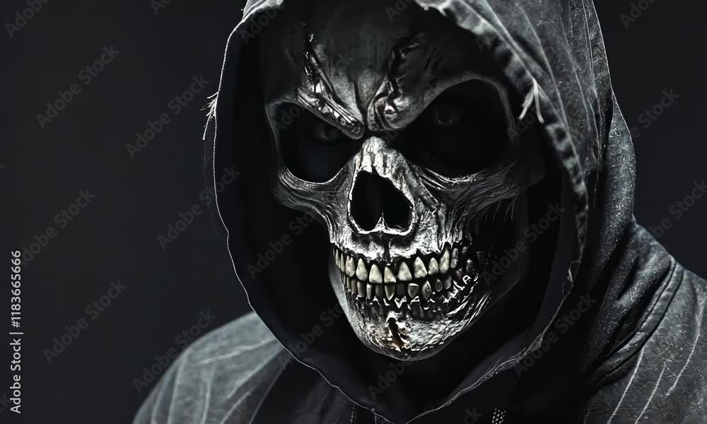 Person in black hoodie wearing skull mask dark setting, creating spooky atmosphere Person in black hoodie wearing skull mask dark setting, creating spooky atmosphere