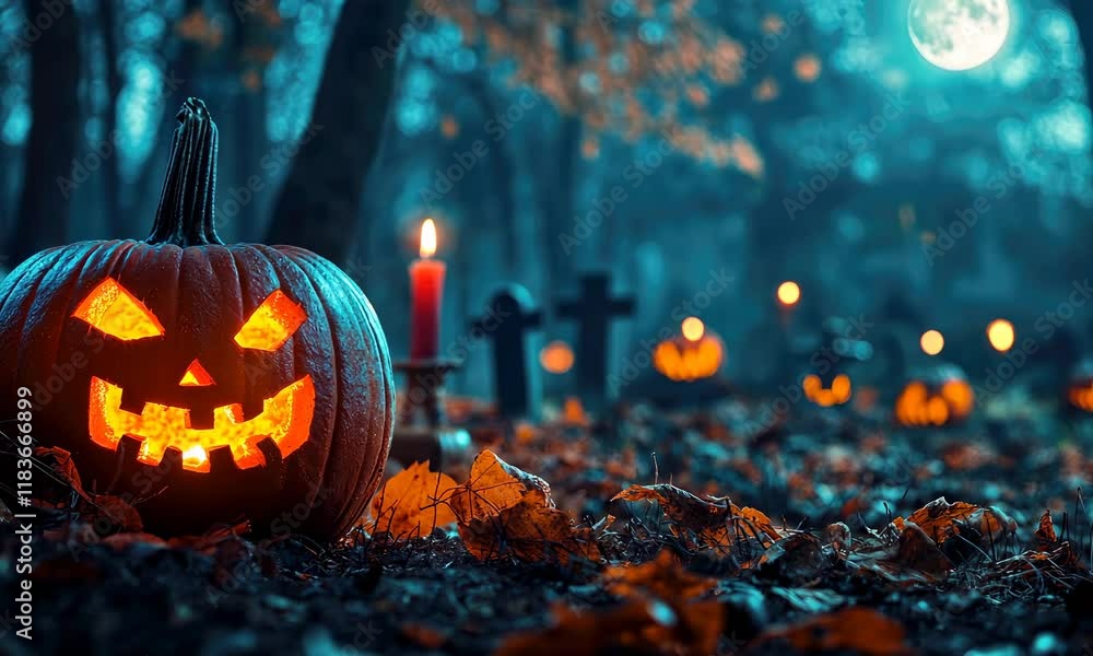 Lit jack-o'-lantern in dark forest with candles and crosses under full moon Lit jack-o'-lantern in dark forest with candles and crosses under full moon