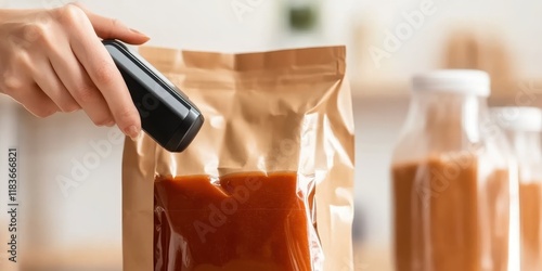 A hand sealing a brown food package filled with a liquid sauce in a kitchen setting. photo