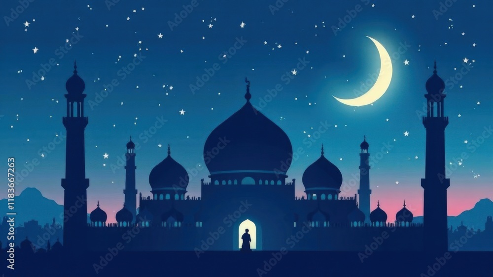 Ramadan poster with moon, stars and symbols symbolizing spirituality and festive mood. Arabian night, starry sky. Religious postcard, congratulations on Muslim holiday. Islam, faith, religion Ramadan poster with moon, stars and symbols symbolizing spirituality and festive mood. Arabian night, starry sky. Religious postcard, congratulations on Muslim holiday. Islam, faith, religion