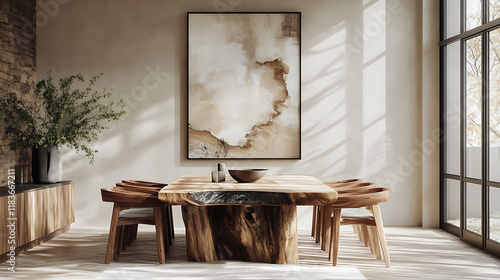 Rustic live edge dining table and wooden log chairs against beige wall with big art poster frame, farmhouse, japandi interior design of modern dining room © CreativeCreations