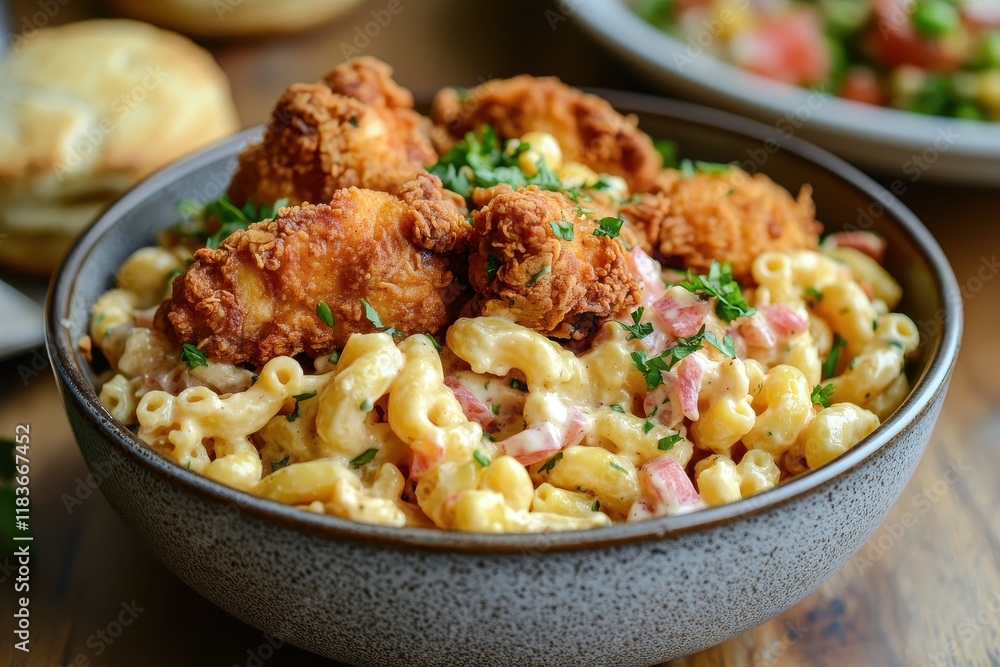 A bowl of macaroni salad with fried chicken and biscuits A bowl of macaroni salad with fried chicken and biscuits