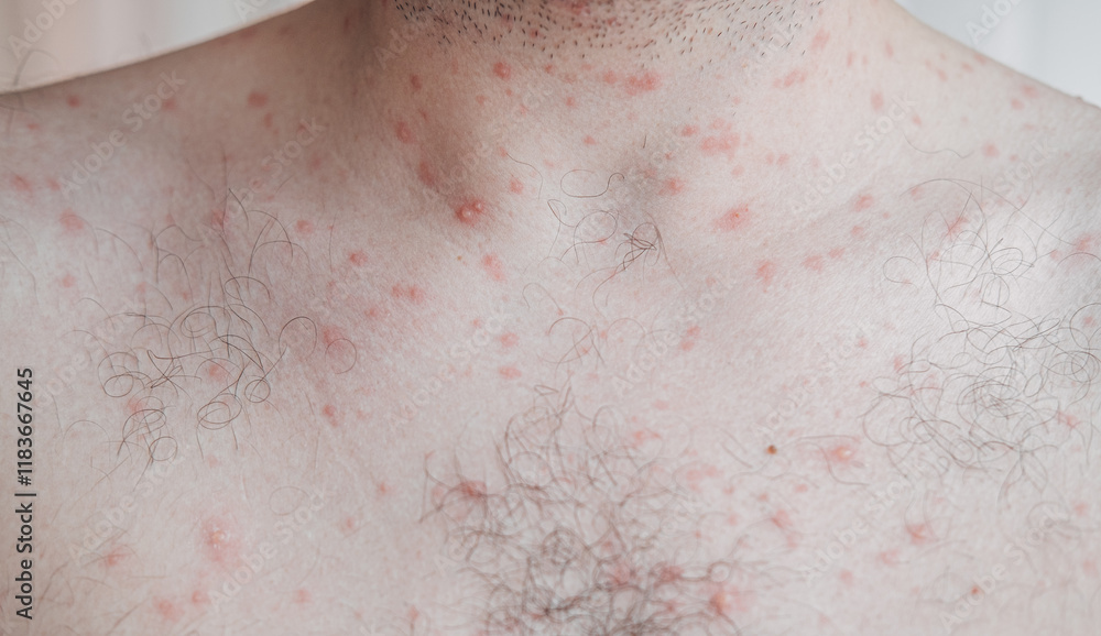 Fototapeta premium Adult man neck and body with strong aggressive varicella or chicken pox. Pink spots, papules, vesicles. 