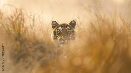 A Bengal tiger resting in tall grass in Kanha National Park, its piercing eyes fixed on the camera photo